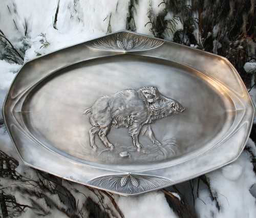 Posrebrzana taca myśliwska - dzik - prezent dla myśliwego