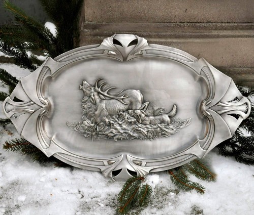 Posrebrzana taca myśliwska - jeleń - prezent myśliwski