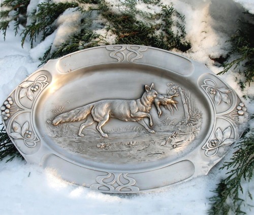Posrebrzana taca myśliwska - lis -  prezent dla myśliwego