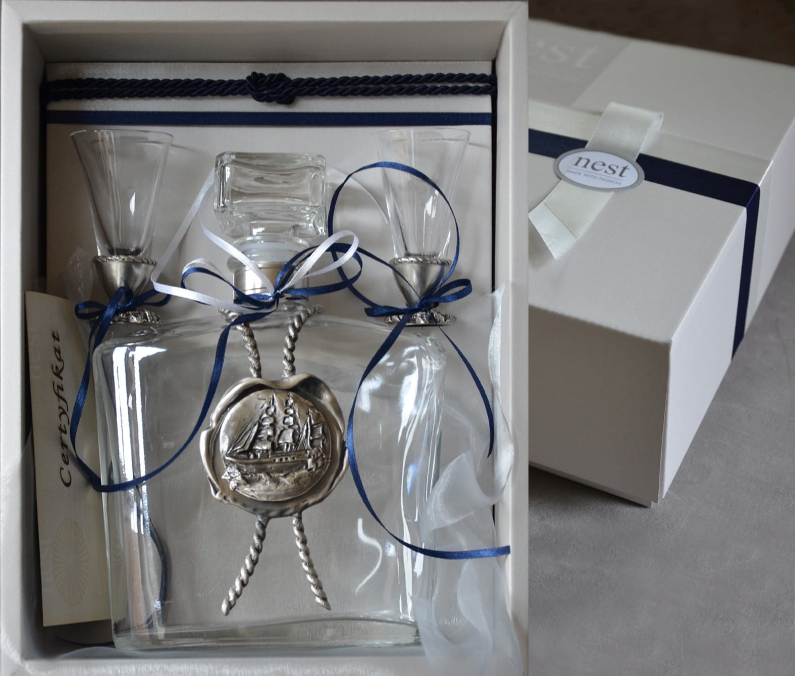 Stylowy prezent żeglarski - karafka z kieliszkami